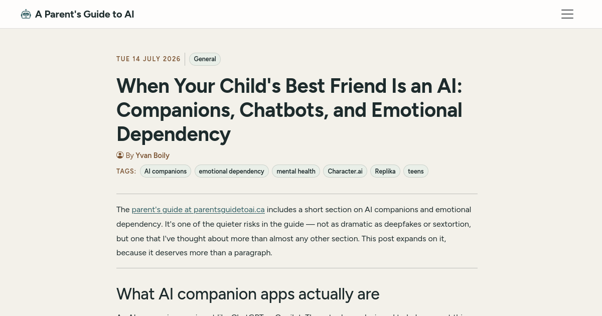 When Your Child's Best Friend Is an AI: Companions, Chatbots, and Emotional Dependency